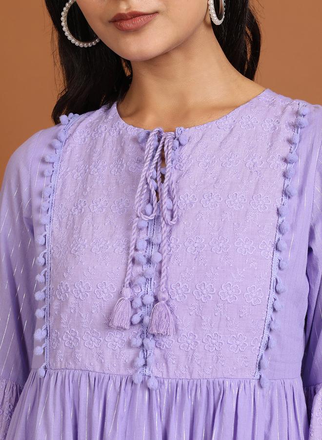 Vishudh Women Embroidered Tie-Up Neck A-Line Mini Dress with Pompom Detail - Image 5