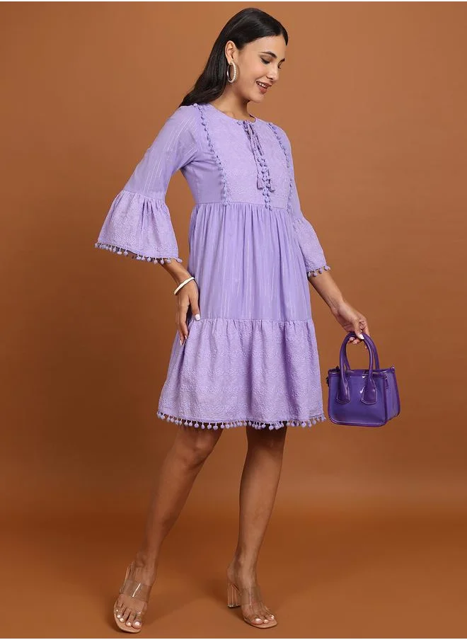 فيشود Vishudh Women Embroidered Tie-Up Neck A-Line Mini Dress with Pompom Detail