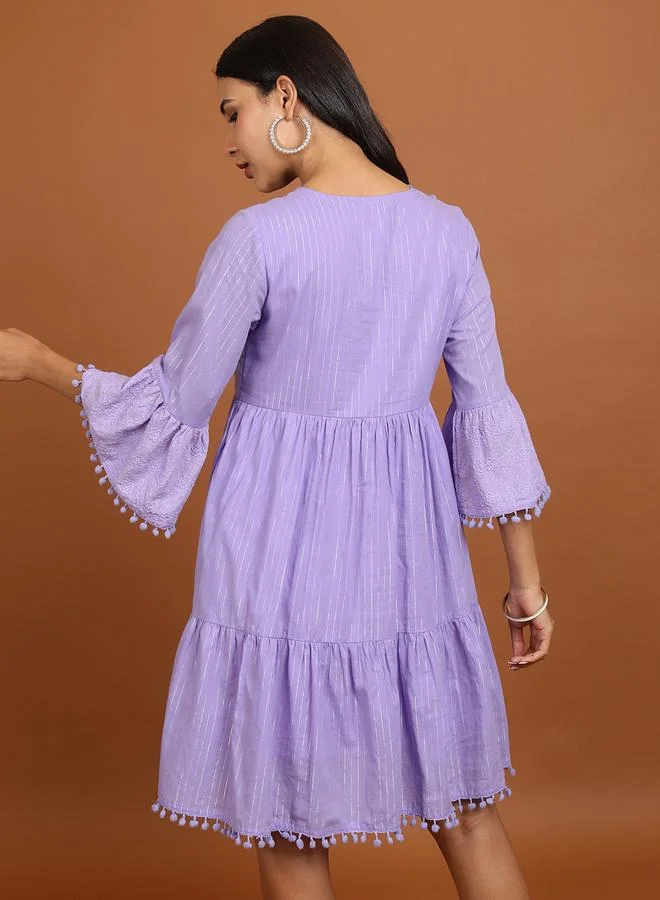 Vishudh Vishudh Women Embroidered Tie-Up Neck A-Line Mini Dress with Pompom Detail