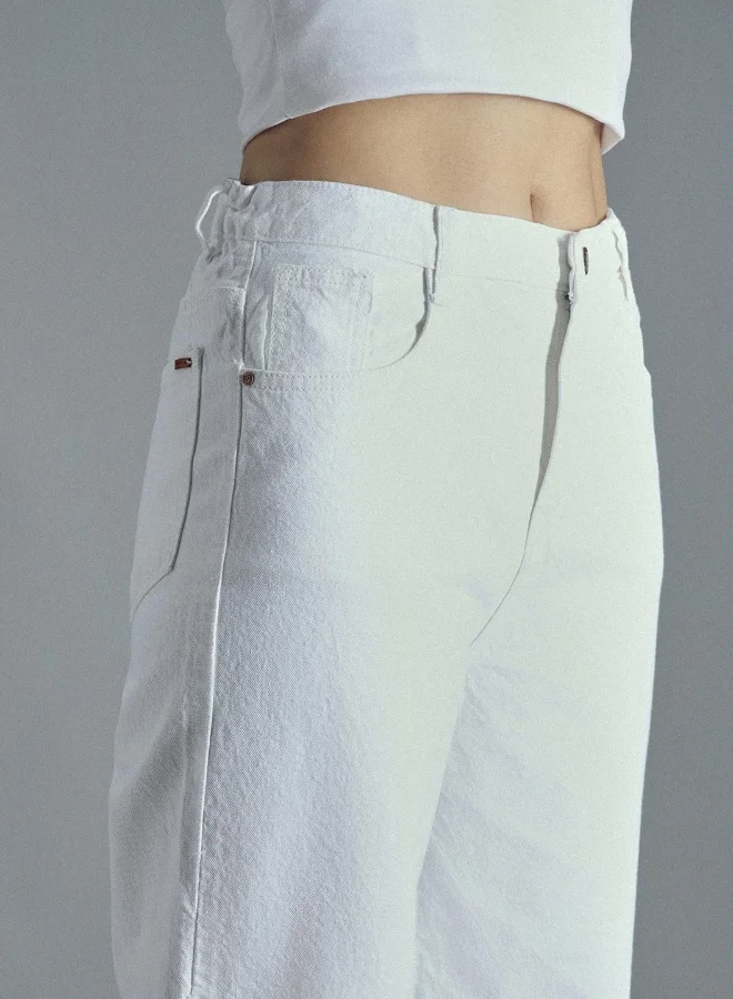 HIGH STAR Women's Ecru 100% Cotton Bleached Full Length Baggy Jeans