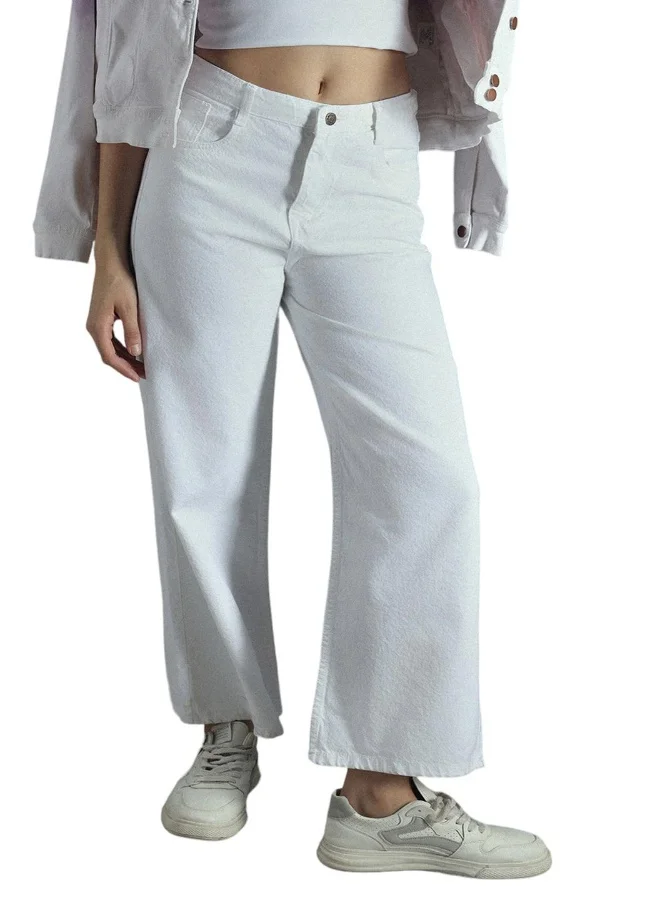 HIGH STAR Women's Ecru 100% Cotton Bleached Full Length Baggy Jeans