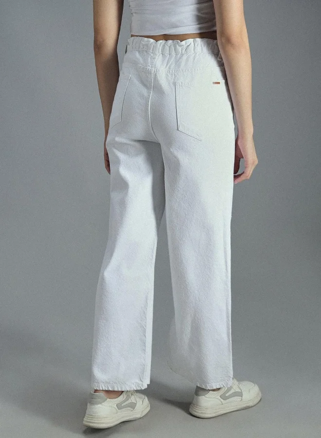HIGH STAR Women's Ecru 100% Cotton Bleached Full Length Baggy Jeans