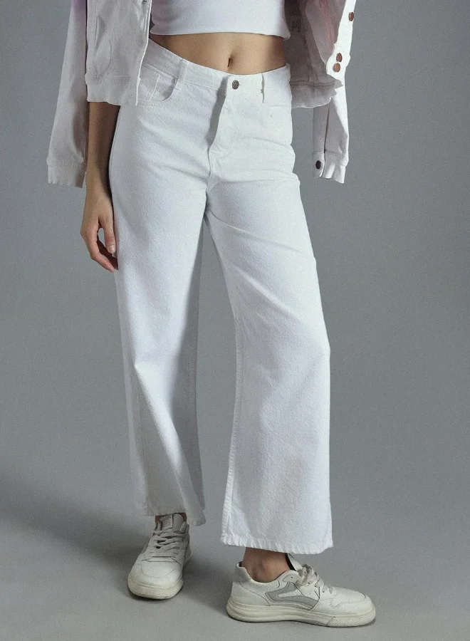 HIGH STAR Women's Ecru 100% Cotton Bleached Full Length Baggy Jeans