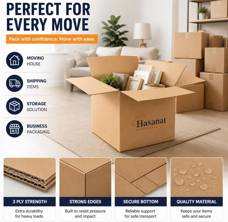 Hasanat Essentials 3 PLY Cardboard Box (35x35x20CM / 14x14x8Inches) shipping, moving, packing, storage, storage box 3 ply empty carton 5 pcs - Image 3