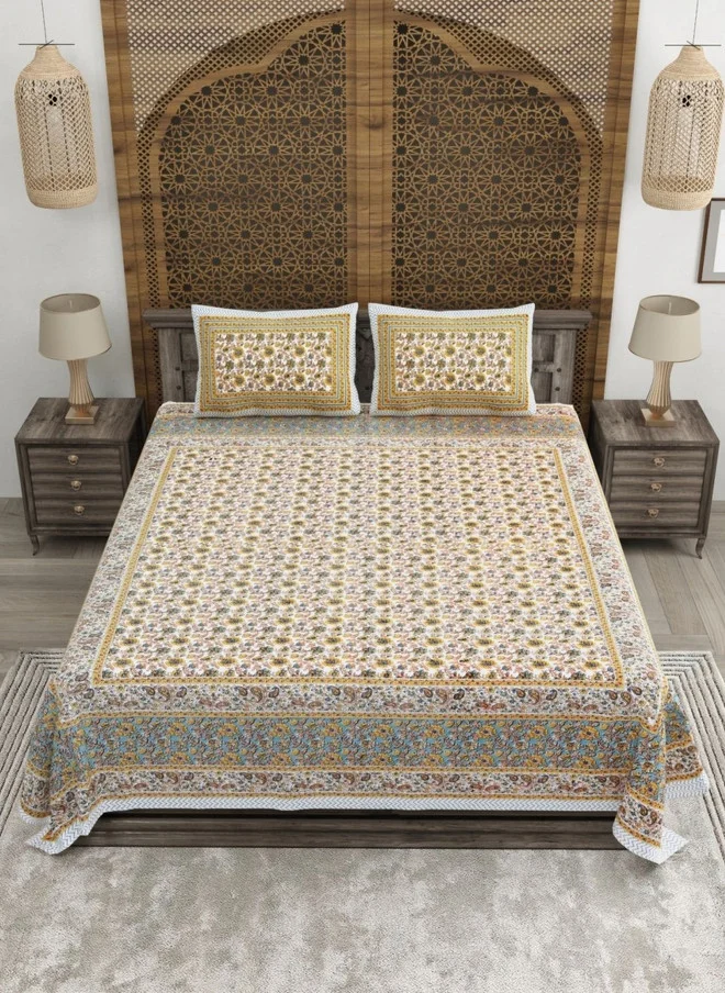 CLOTHOLOGY CLOTHOLOGY White & Beige Printed Pure Cotton 180 TC King Bedsheet Set