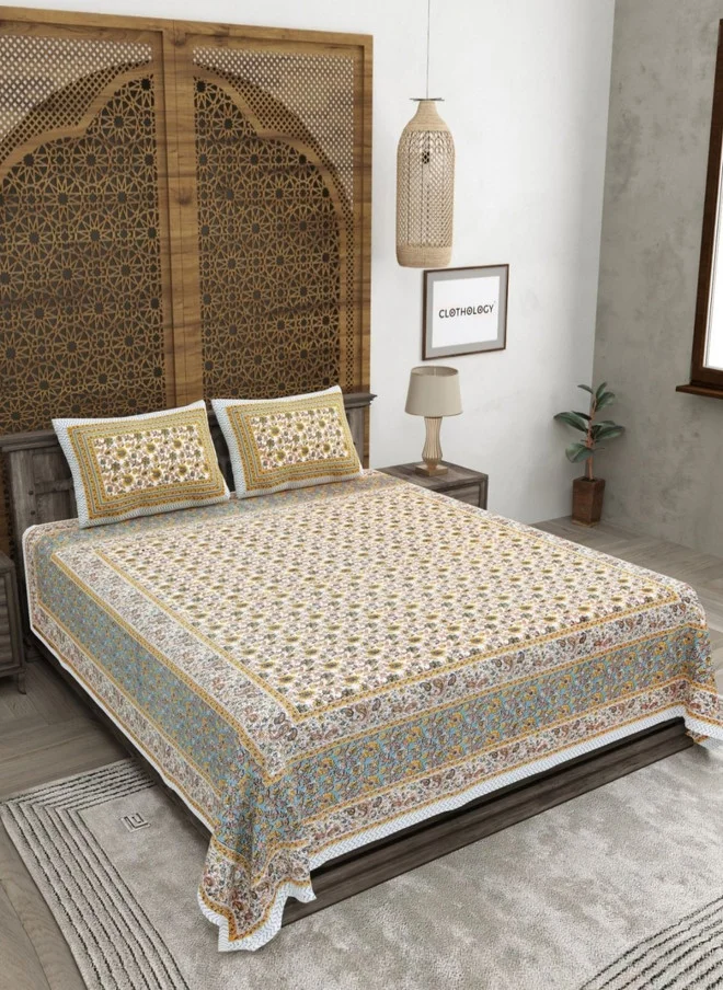 CLOTHOLOGY CLOTHOLOGY White & Beige Printed Pure Cotton 180 TC King Bedsheet Set