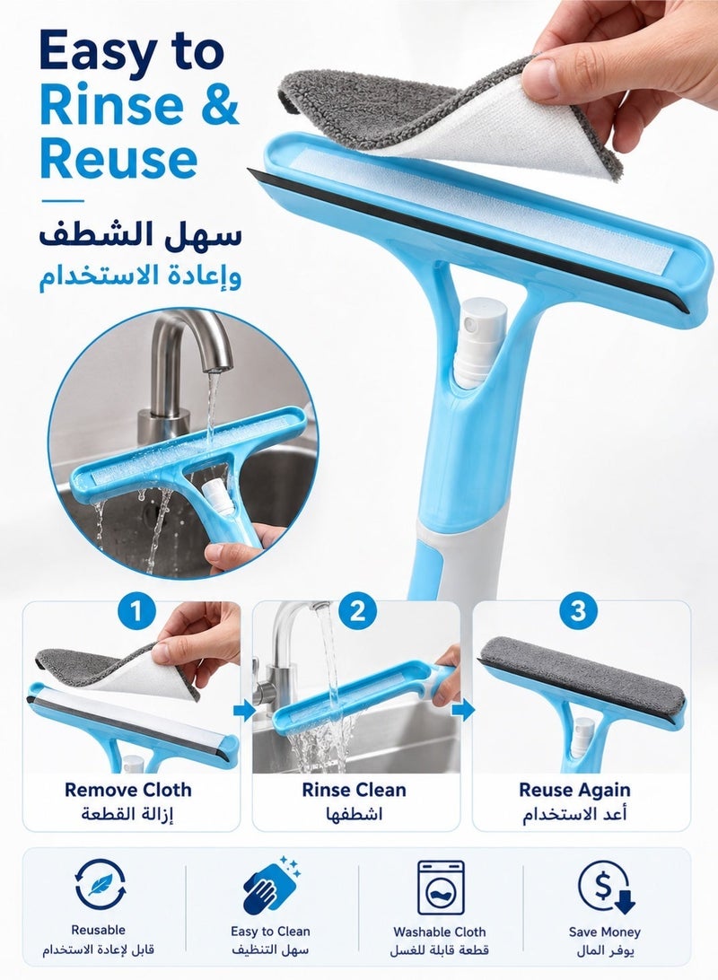 Leoxol Window Cleaner 3 In 1 | Spray Squeegee Wiper With Removable Microfiber Cloth | Plastic Glass Mirror Scraper For Bathroom Door Tile Home - Image 5