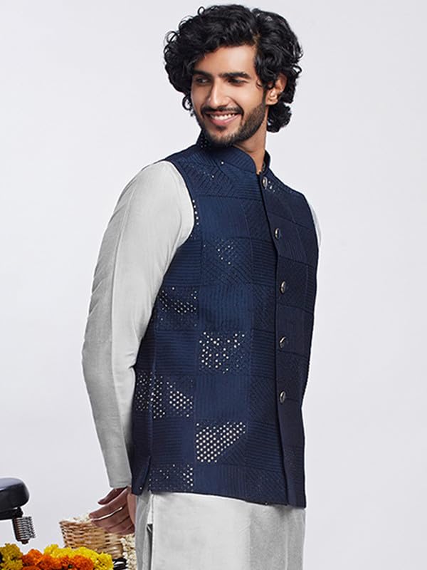 KISAH Men's Nehru Jacket, Navy Blue Cotton Blend, Embellished Regular Fit Mandarin Collar Sleeveless (L) - Image 2