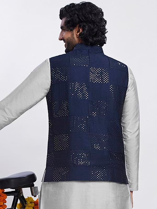 KISAH Men's Nehru Jacket, Navy Blue Cotton Blend, Embellished Regular Fit Mandarin Collar Sleeveless (L) - Image 4