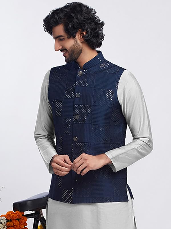 KISAH Men's Nehru Jacket, Navy Blue Cotton Blend, Embellished Regular Fit Mandarin Collar Sleeveless (L) - Image 3