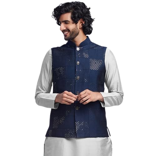 KISAH Men's Nehru Jacket, Navy Blue Cotton Blend, Embellished Regular Fit Mandarin Collar Sleeveless (L) - Image 1