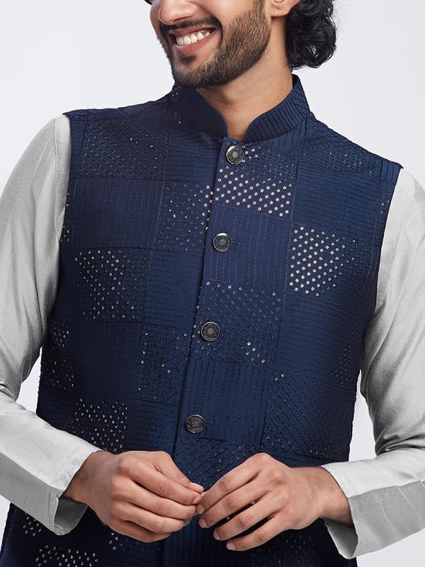 KISAH Men's Nehru Jacket, Navy Blue Cotton Blend, Embellished Regular Fit Mandarin Collar Sleeveless (L) - Image 5