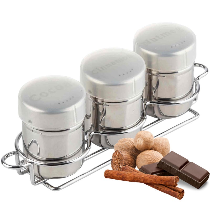 TableCraft 11054 Coffee Dredge Shaker Set 6 oz 3Piece with Rack Stainless Steel with Cinnamon Cocoa and Nutmeg Labels Includes Storage Caps For Caf Foodservice and Home Use