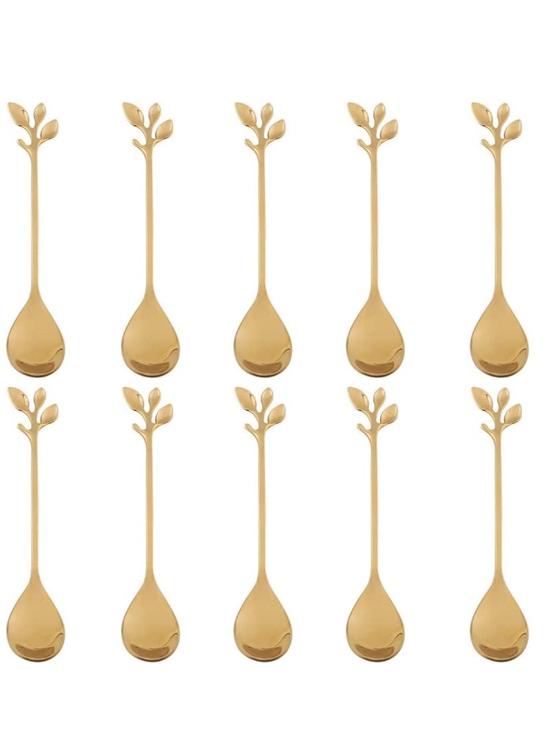 RATSAW 10 Pack Stainless Steel Gold Leaf Coffee Spoon Creative Tableware Dessert Spoons Stirring Mixing Sugar Stir Ice Cream Cake Teaspoon Set  - Image 1