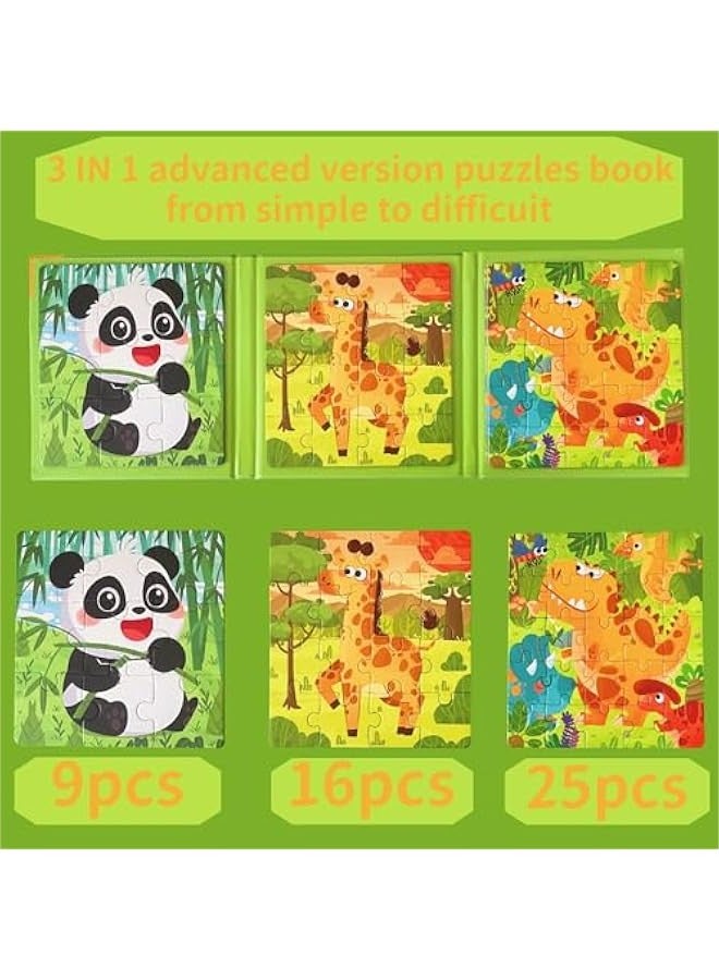 Wooden Magnetic Sliding Puzzles for Kids Ages 3 and Up, 3 in 1 Cartoon Jigsaw Puzzle Book (Dinosaurs, Pandas, Giraffes), 3 Pieces Each - Image 4