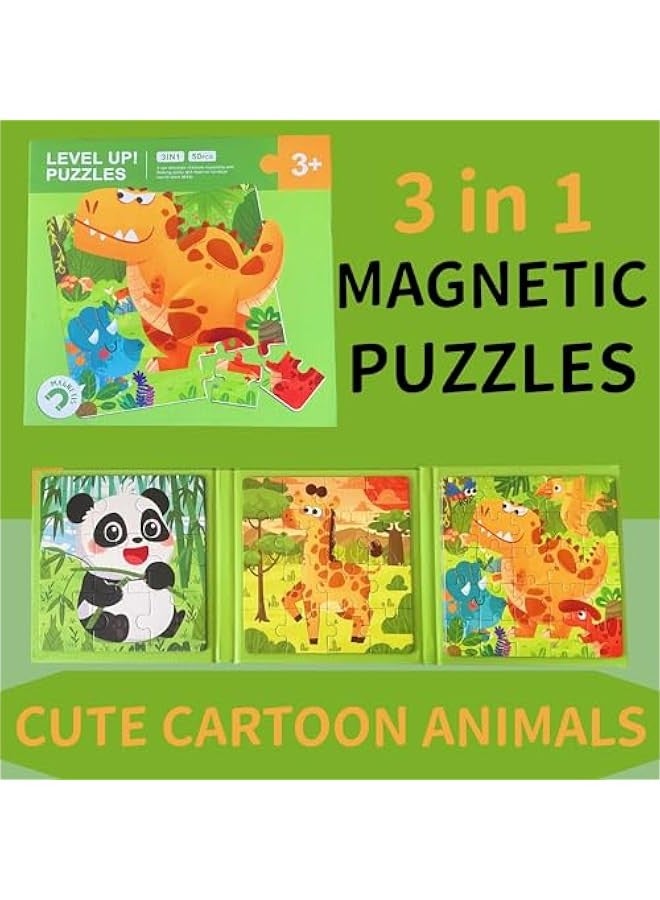 Wooden Magnetic Sliding Puzzles for Kids Ages 3 and Up, 3 in 1 Cartoon Jigsaw Puzzle Book (Dinosaurs, Pandas, Giraffes), 3 Pieces Each - Image 2