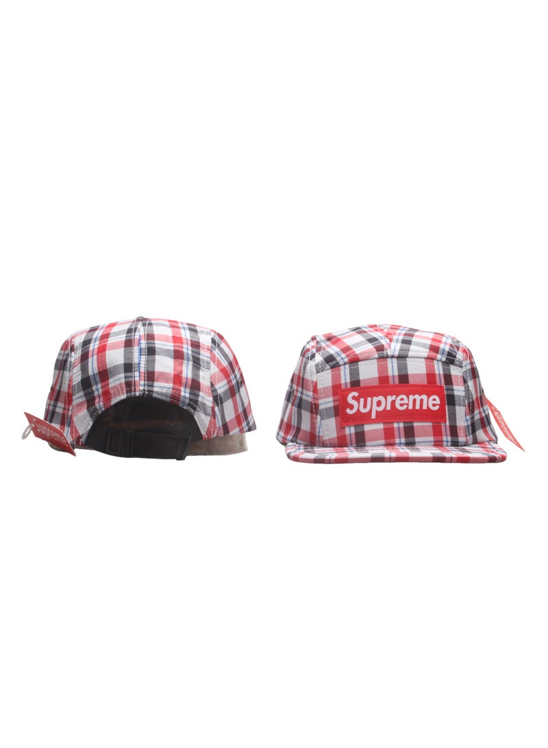 Supreme Red Plaid 5-Panel Cap – Featuring Signature Red Logo Patch and Distinct Checkered Design