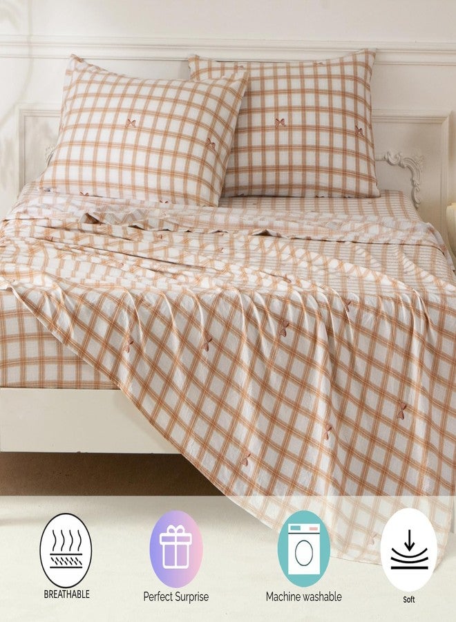 SDY 7PCS Brown Gingham Bow Bedding Set Queen，Soft Washed Microfiber Plaid Comforter Set and Checkered Sheets for Kids, Toddler, Girls, Boys，Cozy Brown Gingham Comforter - Image 5