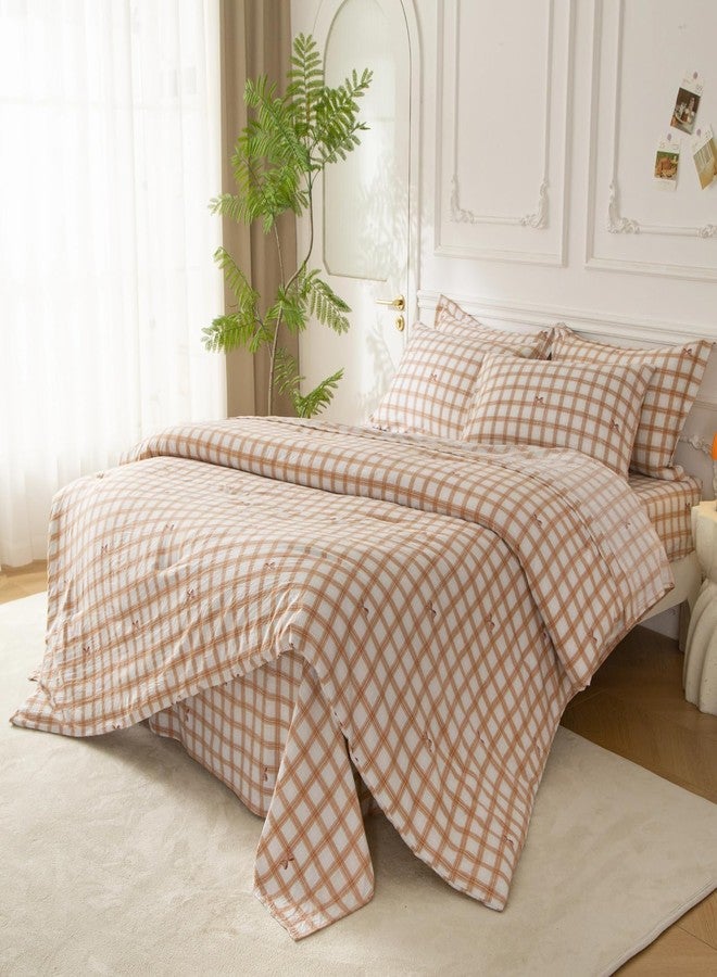 SDY 7PCS Brown Gingham Bow Bedding Set Queen，Soft Washed Microfiber Plaid Comforter Set and Checkered Sheets for Kids, Toddler, Girls, Boys，Cozy Brown Gingham Comforter - Image 3