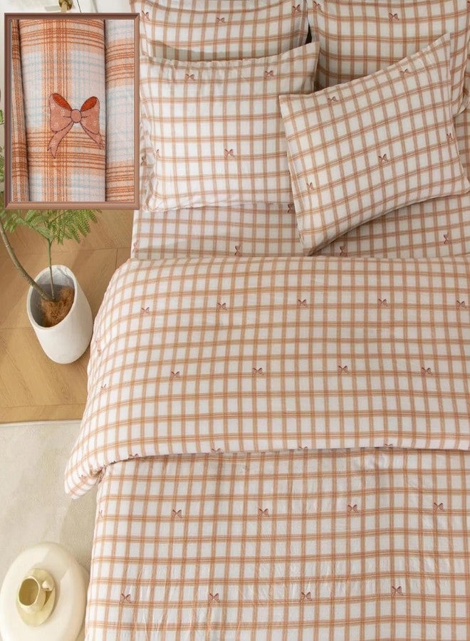 SDY 7PCS Brown Gingham Bow Bedding Set Queen，Soft Washed Microfiber Plaid Comforter Set and Checkered Sheets for Kids, Toddler, Girls, Boys，Cozy Brown Gingham Comforter - Image 1