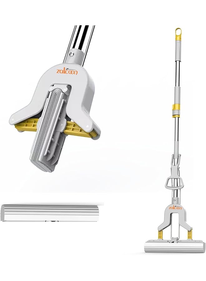 Zalcoon PVA Folding Sponge Mop 28cm, Telescopic Handle Folding Squeeze| 1 Extra Super Absorbent PVA Sponge Refill | Household Cleaning Tool |Best for Kitchen, Tiles, Multi-Surface Hard Floor (1+1)