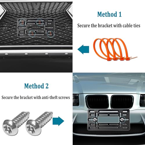 Aootf Front License Plate Bracket Holder- Front License Plate Mounting Kit for 2 Drill Holes Bumper, Universal Car Tag Adapter with Anti Theft Stainless Steel Screw Bolt Caps - Image 4