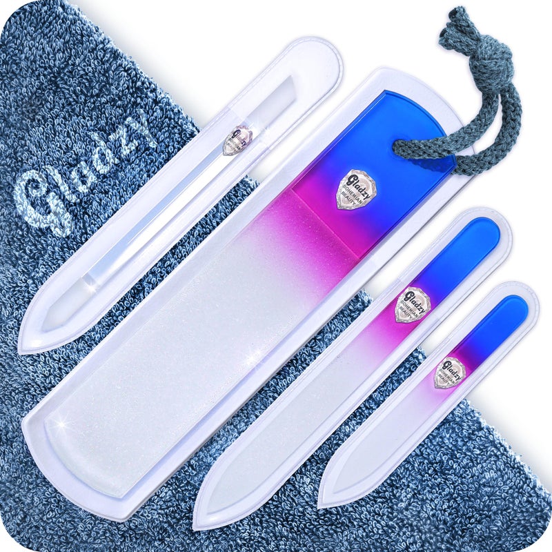 GLADZY Genuine Czech Glass Nail File Set Callus Remover Foot Rasp Cuticle Pusher Manicure Stick Double Sided Etched Different Grit Surface Professional Nail Care Tool Made in EU
