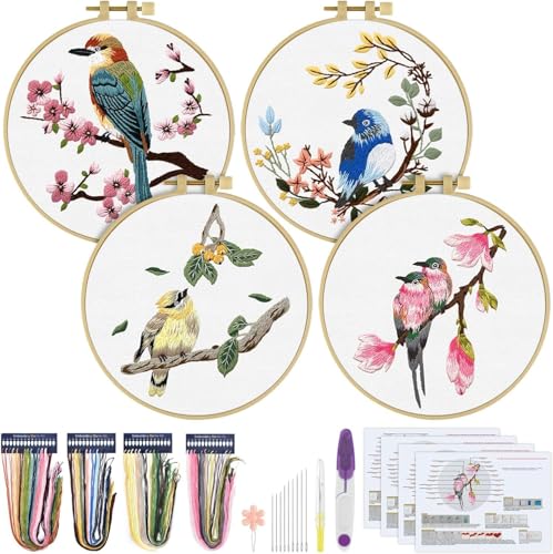 ERKOON 4 Sets Embroidery Kit for BeginnersHummingbird and Flower Cross Stitch Set for Include Embroidery Cloth Hoops Threads for Craft Lover Hand Stitch Flowers and Birds