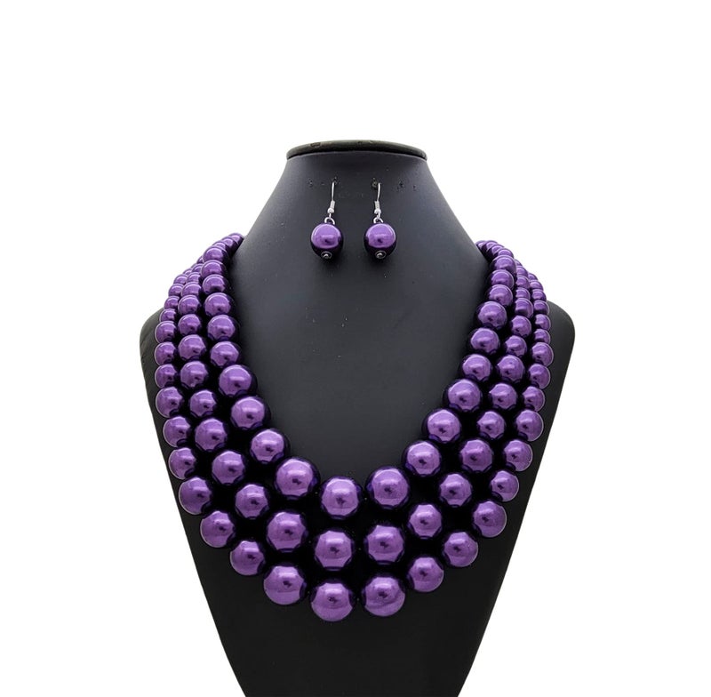 Fashion 21 Women's Faux Pearl Three Multi-Strand Statement Necklace and Earrings Set (Purple) - Image 2