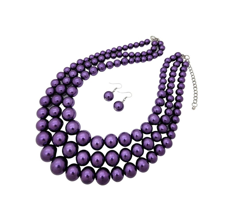 Fashion 21 Women's Faux Pearl Three Multi-Strand Statement Necklace and Earrings Set (Purple) - Image 3