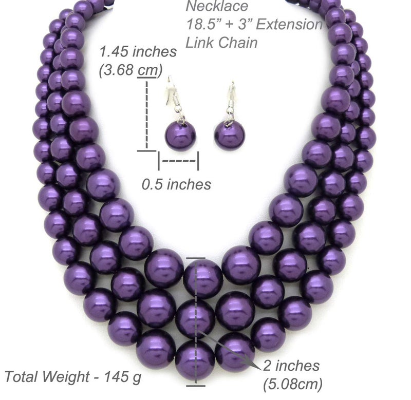 Fashion 21 Women's Faux Pearl Three Multi-Strand Statement Necklace and Earrings Set (Purple) - Image 5