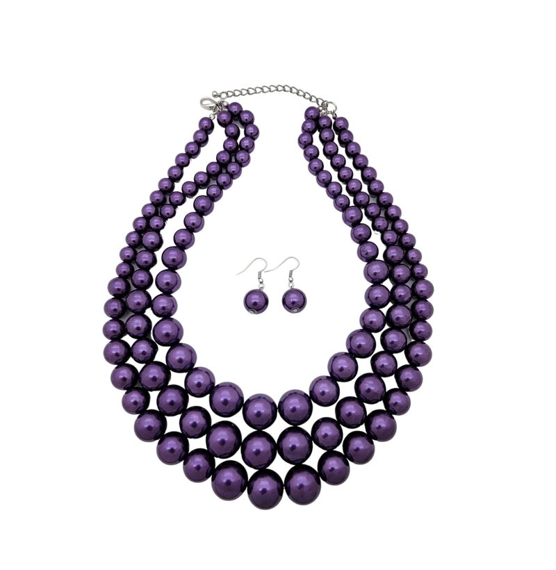 Fashion 21 Women's Faux Pearl Three Multi-Strand Statement Necklace and Earrings Set (Purple) - Image 4