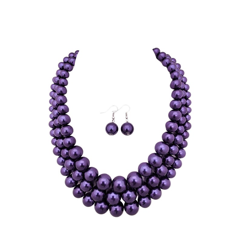 Fashion 21 Women's Faux Pearl Three Multi-Strand Statement Necklace and Earrings Set (Purple) - Image 1