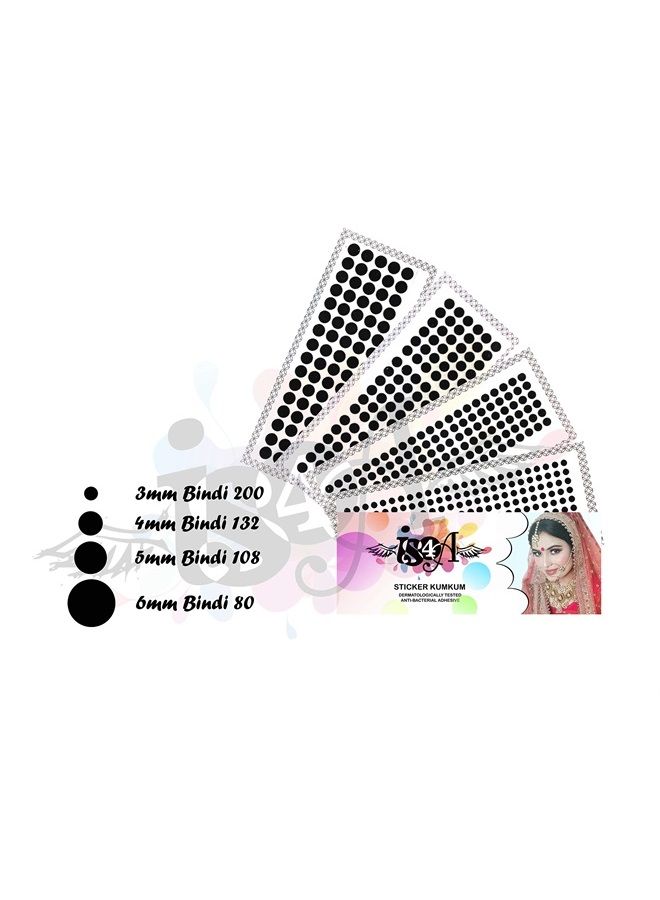 IS4A 516 Indian Velvet Round Dot Bindi Tattoo Stickers Adhesive Body Jewelry Multi Colored Different Size Daily Use Forehead Bindis (Black) - Image 2