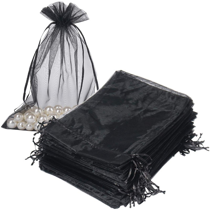 HRX Package Black Organza Bags 6x9 inch 100pcs Mesh Candy Bags Jewelry Gift Pouches Drawstring Empty Sachet for Halloween Present Giveaways