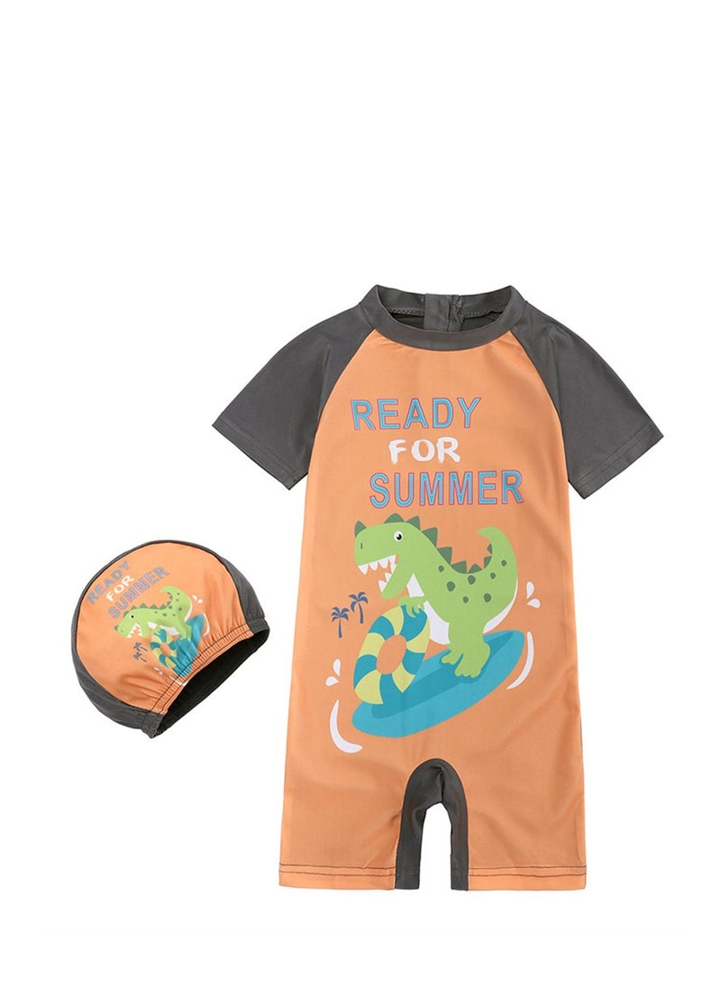 KIDS TALES - Cartoon Cartoon Children's Swimsuit With Swimming Cap Outdoor Beach Hot Spring Swimsuit  Orange - Image 1
