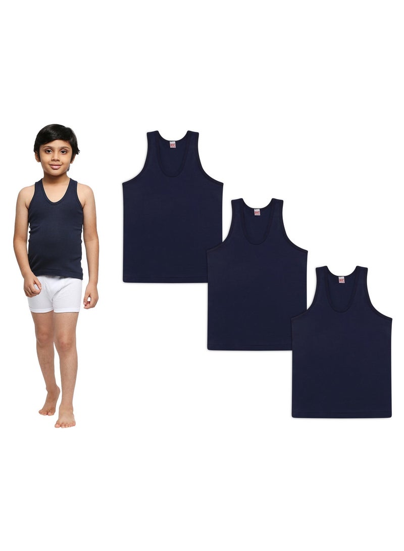BYC Boys 100% Combed Cotton Sleeveless Vest Seamless No-Stitch Sides Soft Skin-Friendly Tank Top Singlet (Pack of 3) - Navy Blue - Image 1