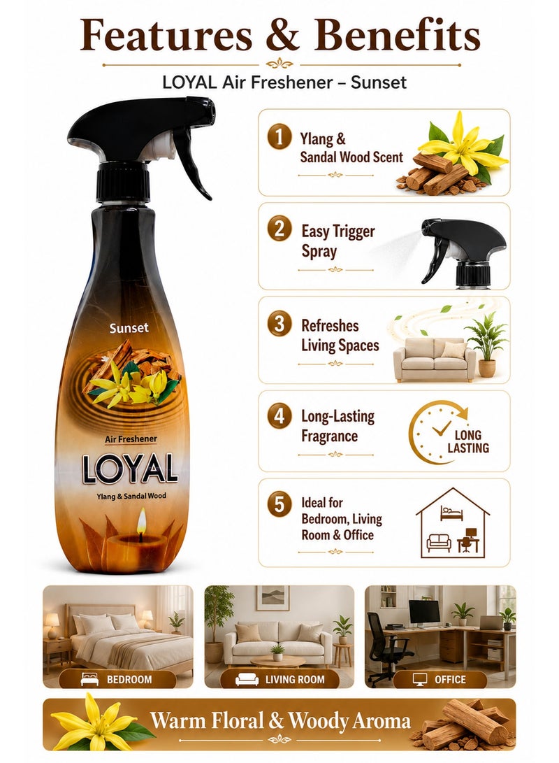 loyal Air Freshener Sunset Spray – Ylang & Sandal Wood 450ML, Concentrated Liquid Room Freshener for Home, Office & Odor Removal - Image 2