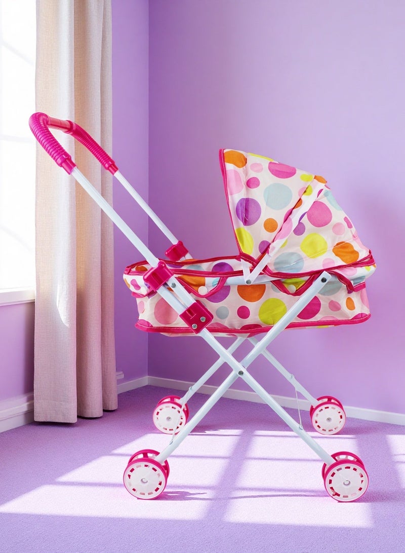 EASY FUTURE Pretend Nurture Doll Stroller Foldable Lightweight Frame Color Polka Dot Canopy Quiet Gliding Wheels Role Play Toy for Daily Doll Care Pretend Play Activities NO.2302 - Image 1