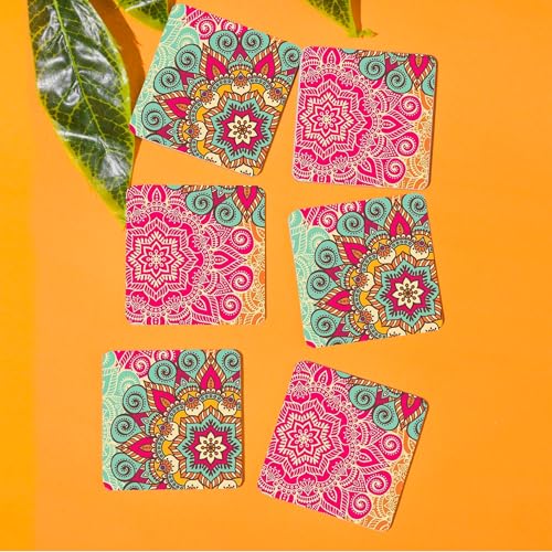 TAJNAN Indian Art Printed Coaster Set of 6 Beautiful Wooden Coasters with Plastic Coating Proper Coaster Stand Designer Coaster - Image 2