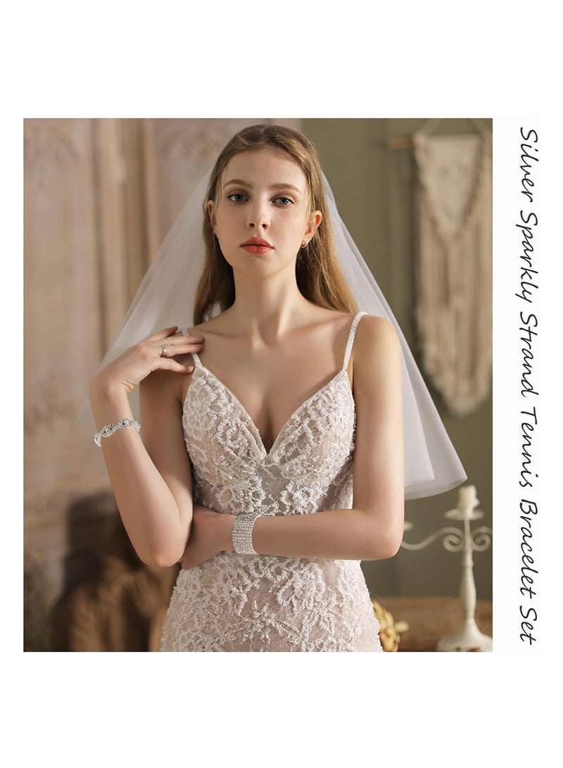 KASTWAVE 4 قطع أساور مرنة مزينة بكريستالات لامعة للنساء، أساور فضية لامعة قابلة للتكديس، مجموعة أساور زفاف برايدال لامعة - Image 4