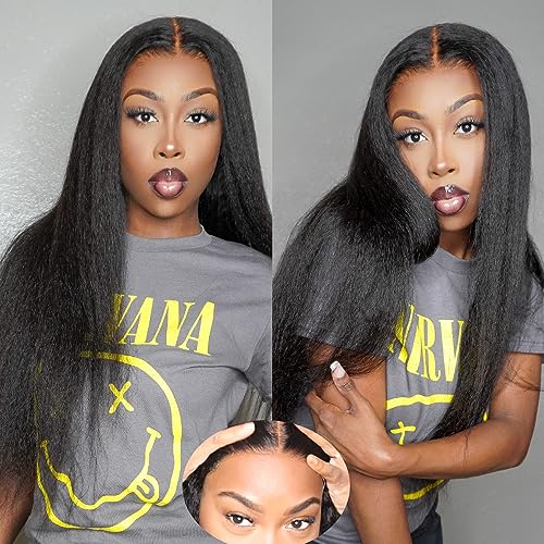 Domiso 24 Inch Glueless Wigs Human Hair Kinky Straight Wear and Go Glueless Wig HD Lace Pre Cut 7x5 Lace Wig Pre Plucked for Women Natural Hairline Breathable Cap 200 Density - Image 1