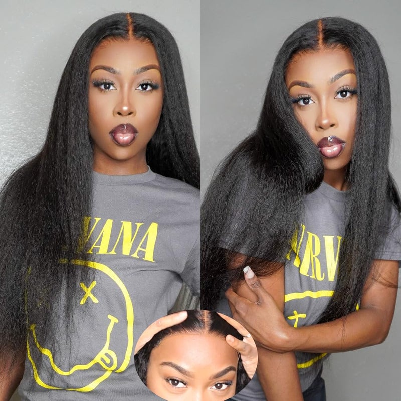 Domiso 24 Inch Glueless Wigs Human Hair Kinky Straight Wear and Go Glueless Wig HD Lace Pre Cut 7x5 Lace Wig Pre Plucked for Women Natural Hairline Breathable Cap 200 Density - Image 2