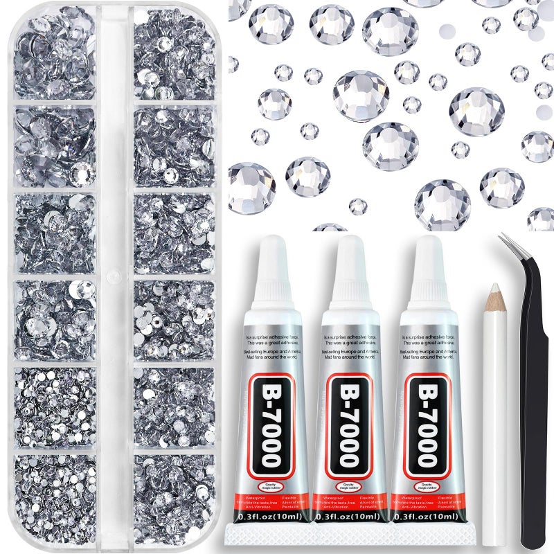 Towenm B7000 Clear Glue with 4000PCS Silver Clear Rhinestones for Crafts Clothing Fabric Shoes Glue Fix Flatback Gems for Nails Face Jewelry Mixed 5 Sizes 2mm 3mm 4mm 5mm 6mm Gemstones Bejeweled Kit