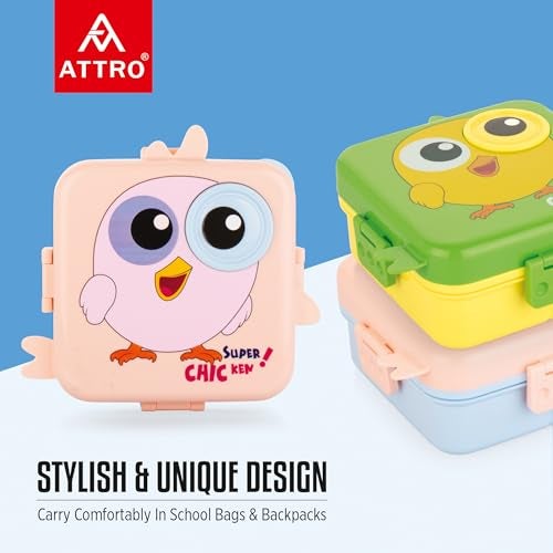 ATTRO Festive Super Birdy Lunch Box 2 Layer Plastic Lunch Box Comes with 1 Detachable Tray, 1 Small Container & 1 Spoon Ideal for Kids BPA Free 1590ml+70ml- Peach - Image 3