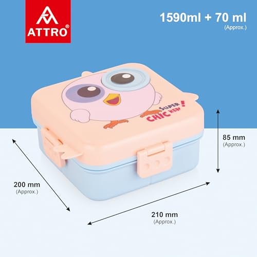 ATTRO Festive Super Birdy Lunch Box 2 Layer Plastic Lunch Box Comes with 1 Detachable Tray, 1 Small Container & 1 Spoon Ideal for Kids BPA Free 1590ml+70ml- Peach - Image 2