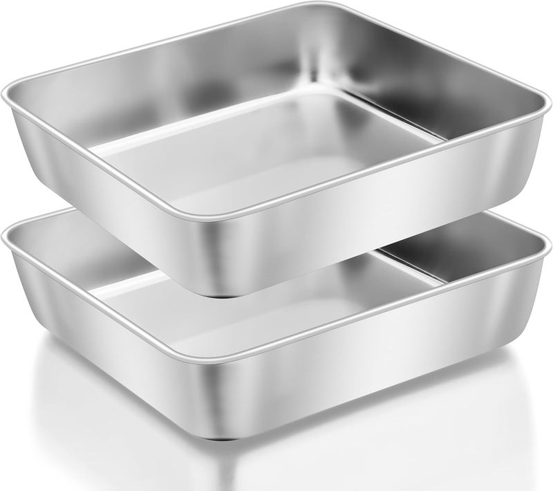Herogo 9 x 9 x 2 Inch Baking Pan Set of 2 for Oven, Stainless Steel Square Cake Pan for Lasagna Brownies Casseroles Cakes, Dishwasher Safe & Durable - Image 1