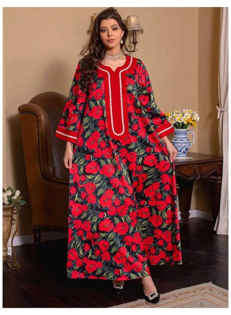 فستان احمر انيق و ناعم  بطباعة و نقوش ورود حمراء  بارد و طويل الى الكاحل انيق و ناعم أكمام طويلة و ياقه مدوره مناسب لفصل الربيع و الخريف يليق في المناسبات العائليه او في دعوات الفطور في رمضان او العيد او احتفالات اليوم الوطني او يوم التأسيس او المناسبات الشعبيه في احتفالات المدارس ايضا في رحلات البر او الشالية قابل للغسيل في الغسالة مقاس XL - Image 1