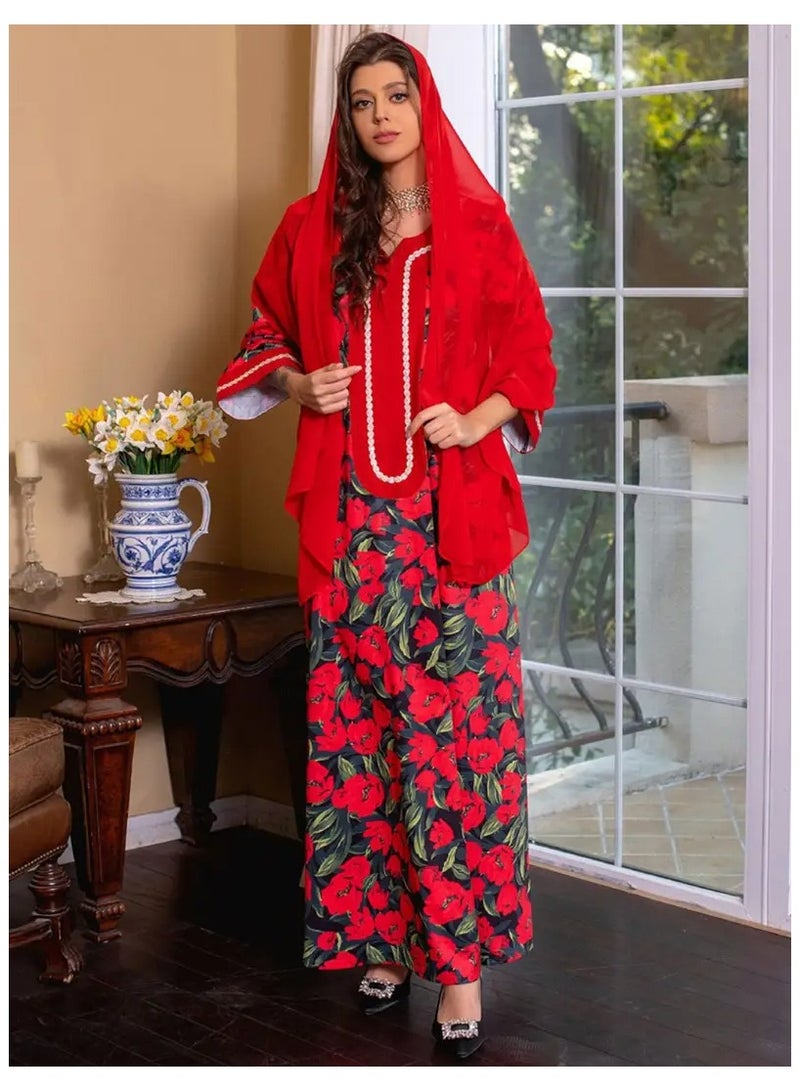 فستان احمر انيق و ناعم  بطباعة و نقوش ورود حمراء  بارد و طويل الى الكاحل انيق و ناعم أكمام طويلة و ياقه مدوره مناسب لفصل الربيع و الخريف يليق في المناسبات العائليه او في دعوات الفطور في رمضان او العيد او احتفالات اليوم الوطني او يوم التأسيس او المناسبات الشعبيه في احتفالات المدارس ايضا في رحلات البر او الشالية قابل للغسيل في الغسالة مقاس XL - Image 5