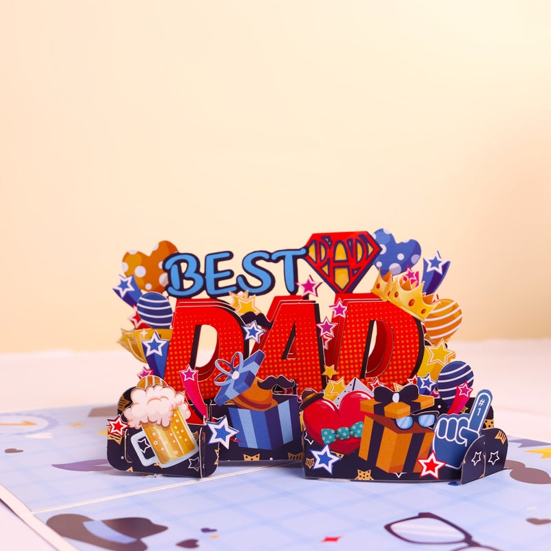 Blue 3D Father S Day Pop Up Card With Stars Hearts And Gift Boxes For Dad - Image 1